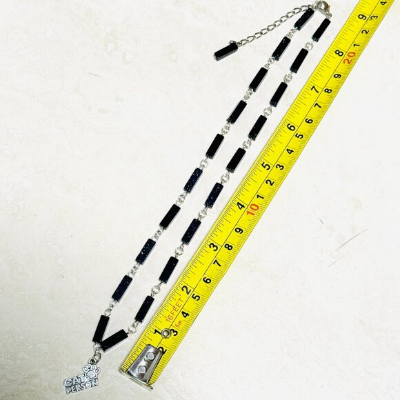 Dark Blue Goldstone Short Necklace w/ Silver Cat Person Paw Print Charm - Picture 12 of 14